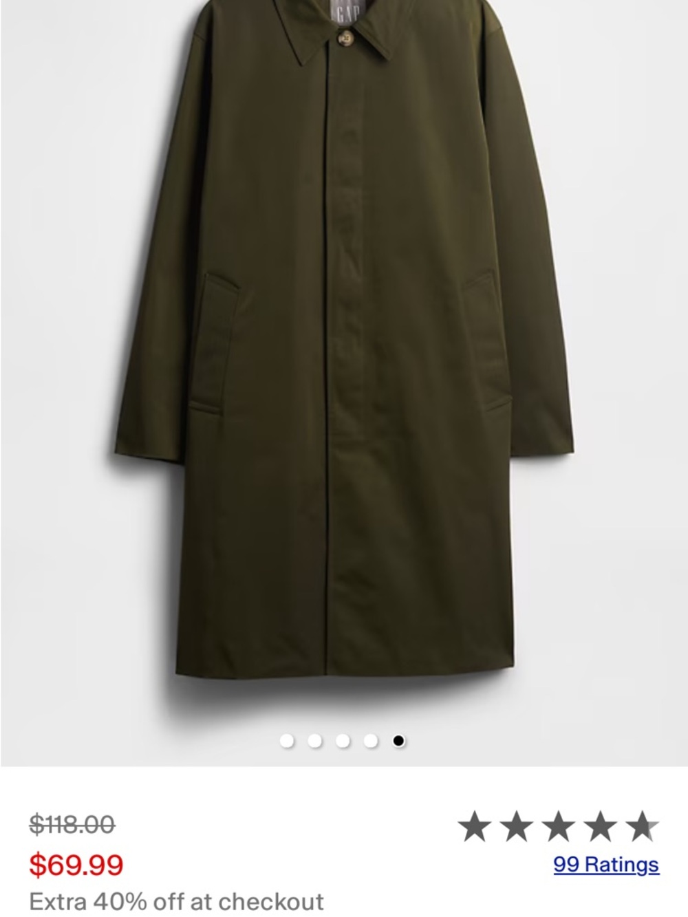 GAP Men's Olive Green Single-Breasted Raincoat - Picture 2 of 5
